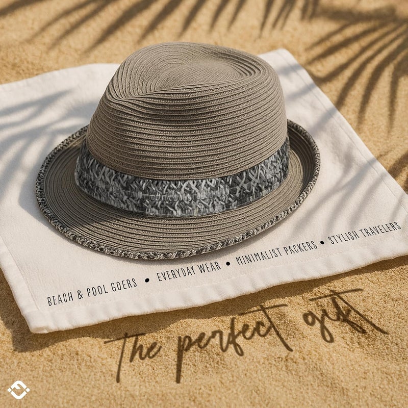 Funky Junque Women's Straw Fedora Sun Hat - UPF 50+ Protection, Short Brim, Stylish Woven Pattern - Image 5